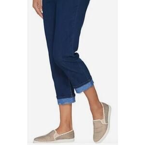 LOGO Lori Goldstein Steel Blue Wash Straight Crop Refined Jeans Lace Cuff Size 4